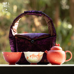 墨己户外旅行茶具便携包收纳手绘金鱼一壶两杯茶具套装出差旅游装