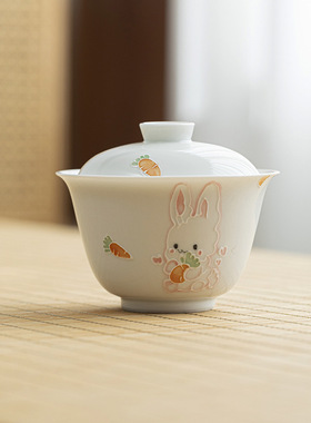 墨己玉泥薄胎手绘萌兔盖碗家用功夫茶具白瓷泡茶碗可爱风兔子茶碗