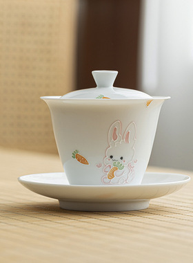 墨己玉泥白瓷手绘萌兔三才盖碗功夫茶具家用泡茶敬茶碗陶瓷盖碗