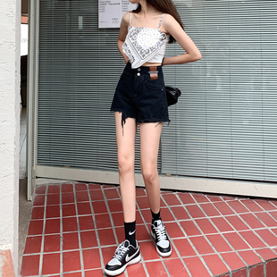 高腰牛仔短裤女夏2021新款宽松显瘦ins超火黑色排扣a字超火热裤潮