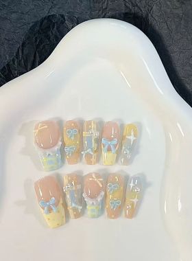 蝴蝶结多巴胺可爱美甲新款穿戴甲甜美奶黄芝士学生指甲显白气质