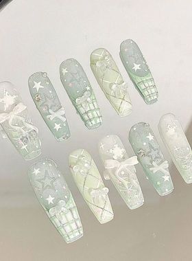 半手工清新蕾丝可爱学生夏季美甲新款显白薄荷气质高级蝴蝶穿戴甲