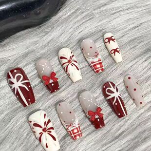 巧棕新年美甲樱桃圣诞节秋冬半手工新款蝴蝶结法式穿戴高级可爱