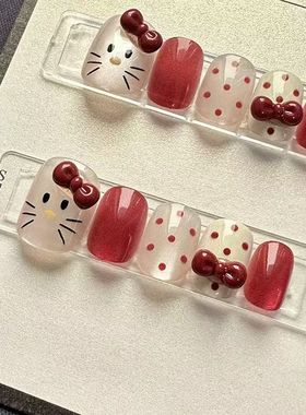 新款红色kt猫咪手工穿戴甲高颜值半手工纯手工美甲假指甲贴片猫眼