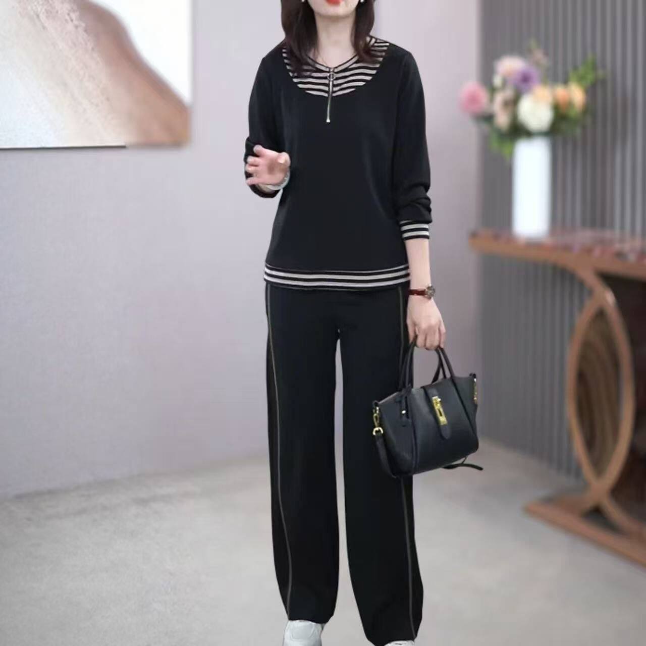 大码女装韩系早秋穿搭休闲套装女2026显瘦运动服长袖上衣两件套