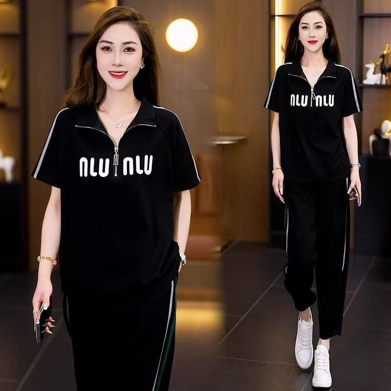 宽松时尚短袖运动套装女2026夏季新款年轻休闲妈妈卫衣立领两件套