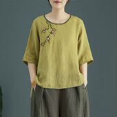 新款 气质T恤2026夏季 圆领宽松休闲减龄上衣 棉麻短袖 禅意国风薄款