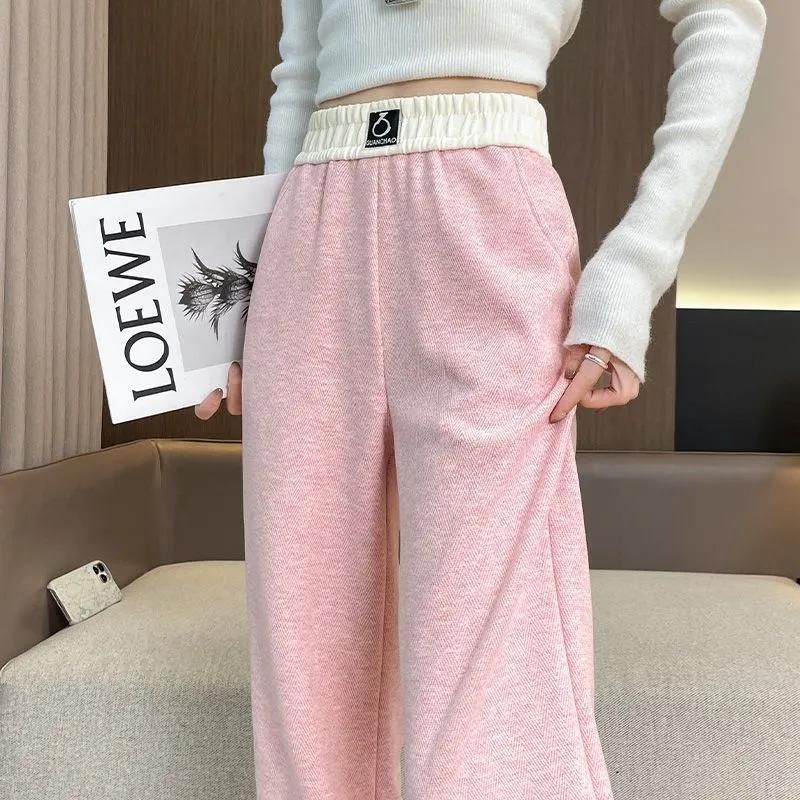 加绒加厚直筒人字纹毛呢阔腿裤女
