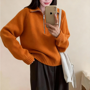 慵懒风半拉链翻领针织毛衣女秋冬宽松套头高级感上衣