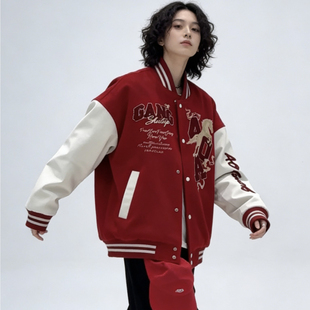 美式 复古风拼色棒球服男女情侣宽松刺绣字母外套潮