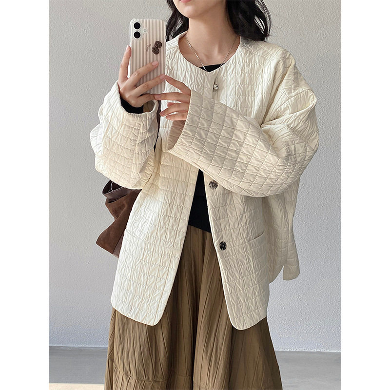 薄棉无领极简风外套净版绗缝廓形老钱风上衣女秋冬棉服