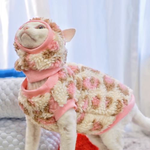 Pico 粉色豹纹羊羔绒卫衣德文衣服无毛猫斯芬克斯衣服冬季保暖