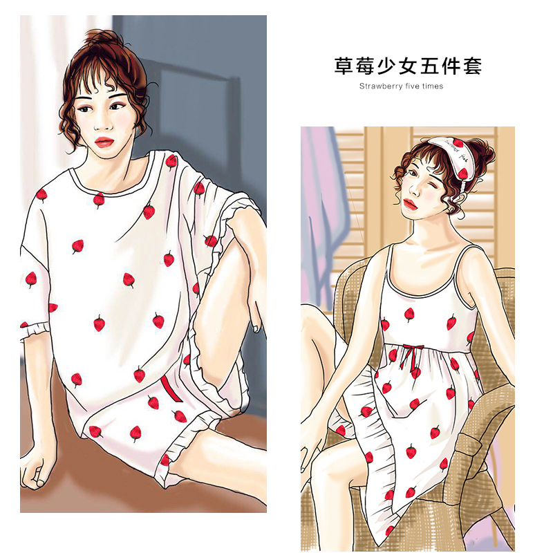 束妤ins风睡衣女夏季莫代尔草莓性感五件套装韩版宽松短袖家居服