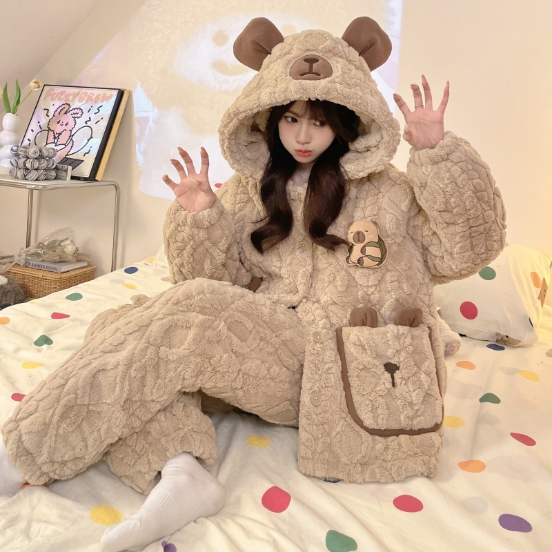 三层珊瑚绒夹棉连帽中长款家居服