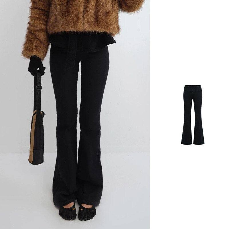 RA新品做旧牛仔面料高腰弹力紧身喇叭牛仔裤修身显瘦纯色休闲裤女