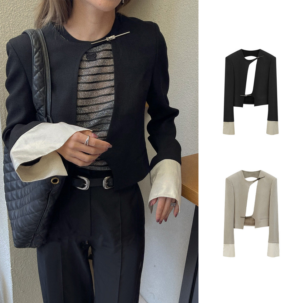 露背醋酸西装长袖拼色