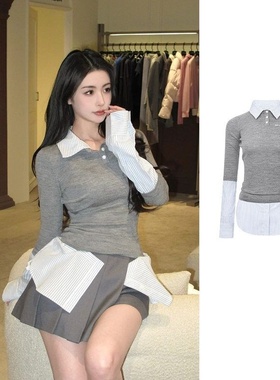 25春夏 明星方圆同款 ANN中长拼接衬衫假两件针织衫长袖上衣