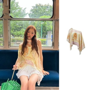 25春季 小众性感甜辣衣裙两穿钞票印花雪纺纱斜肩上衣 娜娜同款