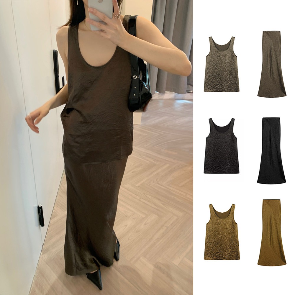 褶皱背心醋酸2024夏鱼尾裙斜裁