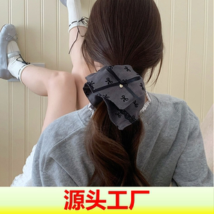 格雷系蝴蝶结大肠发圈灰色蕾丝方巾女头绳高级感丸子头发绳扎马尾