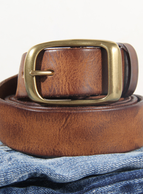 女士ins风棕色铜扣头层纯牛皮牛仔裤皮带复古手工真皮腰带百搭男