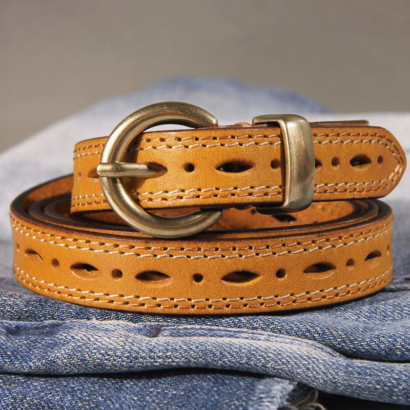 1.9cm皮带女真皮镂空免打孔头层纯牛皮铜扣细款窄百搭牛仔裤腰带