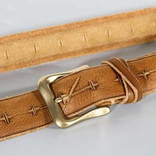 3cm皮带女真皮软面头层纯牛皮免打孔手工复古百搭 腰带铜扣 牛仔裤