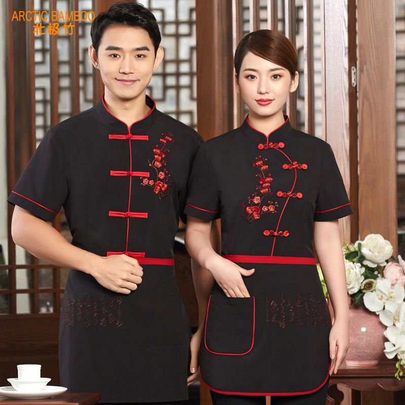 梅花图案烧烤火锅店传菜服务员制服 复古中式酒店烤肉店员工短袖