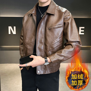 模特男士机车加绒皮衣PU皮夹克 6020 （8020加绒款） P145 咖啡色,男装皮衣,电商D227