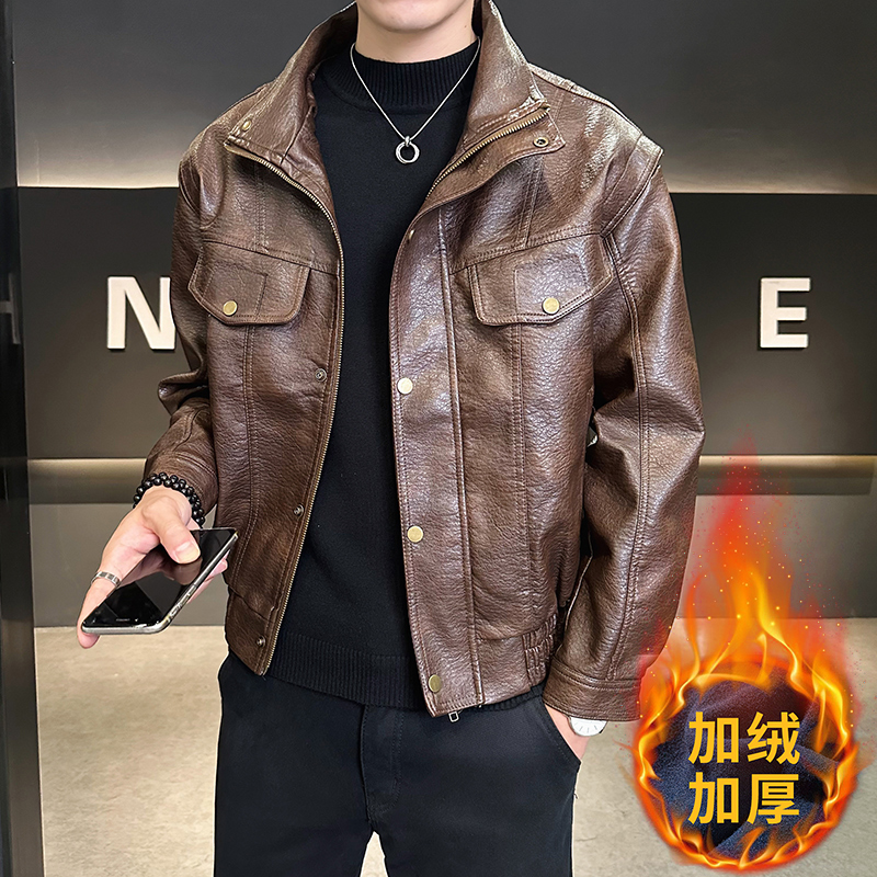 模特2025男士机车加绒皮衣皮夹克外套6016加绒款P145咖啡，男装夹克，电商D227