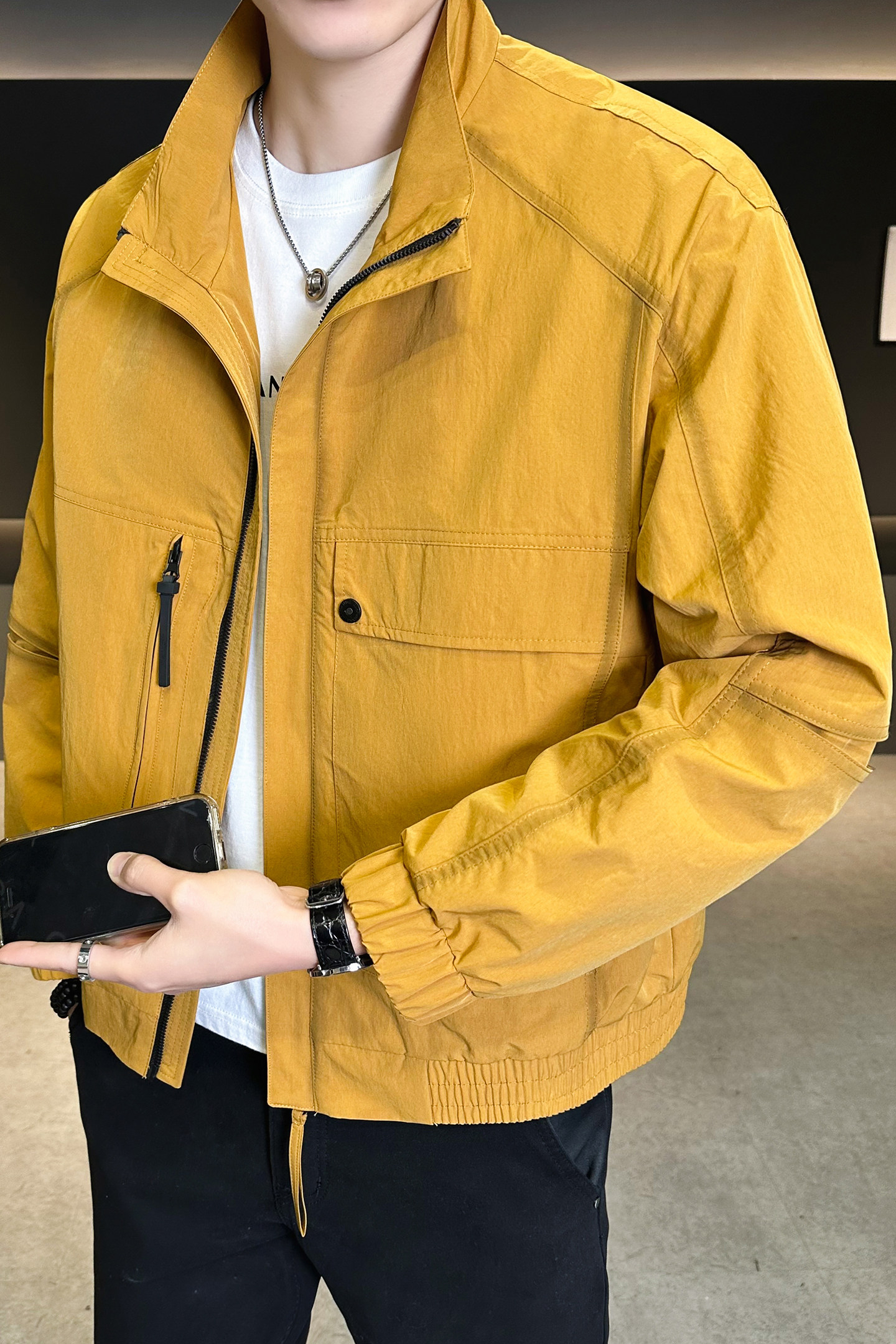 模特2026春装新款立领夹克衫2628P120黑色穿到190斤,男装夹克,电商D227