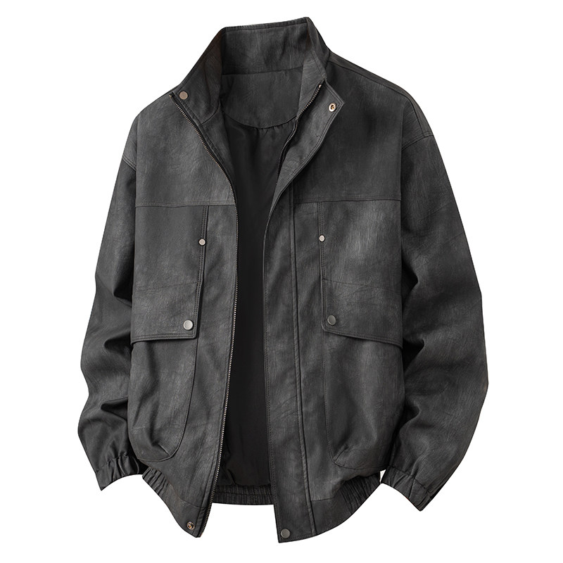 平铺2025年秋装男士机车皮衣PU皮夹克外套25603P140黑色，男装夹克，电商D227