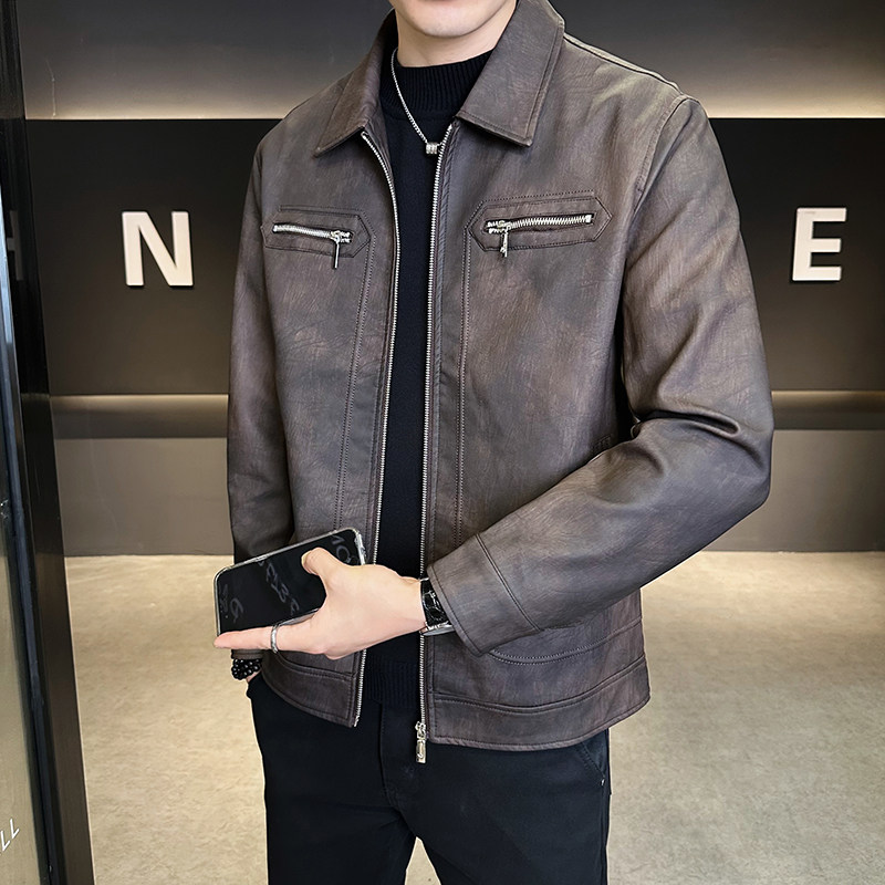 模特2026年春装男士机车皮衣PU皮夹克外套2506P140咖啡，男装夹克，电商D227