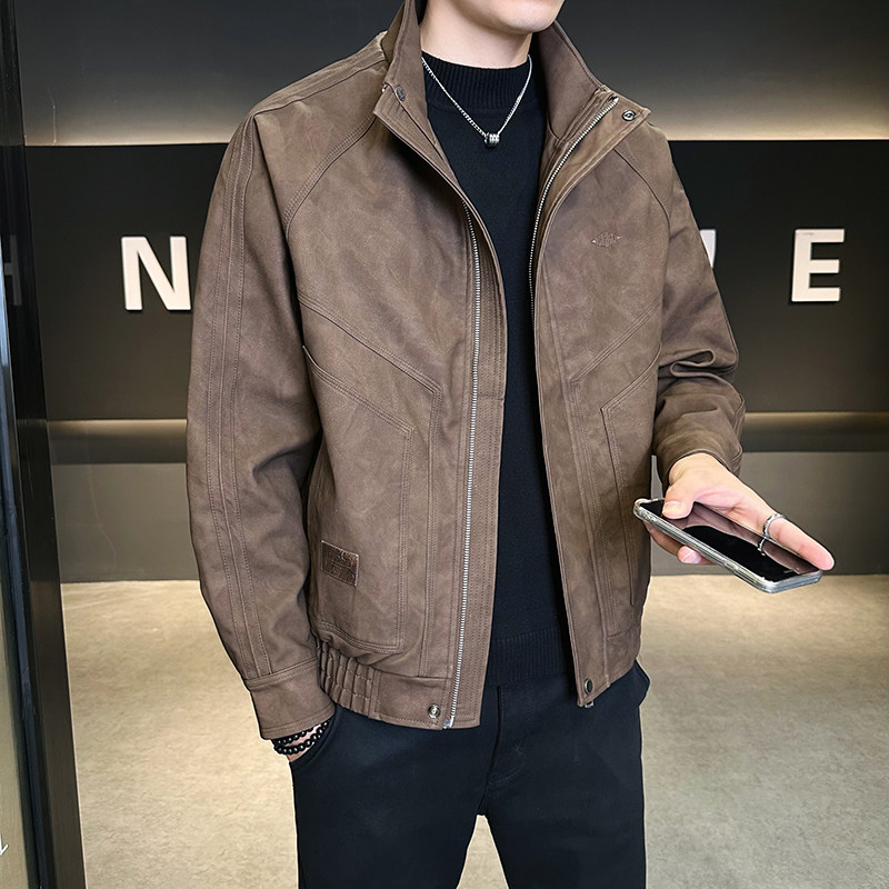 模特2026年春装男士机车皮衣PU皮夹克外套25618P145咖啡色，男装夹克，电商D227