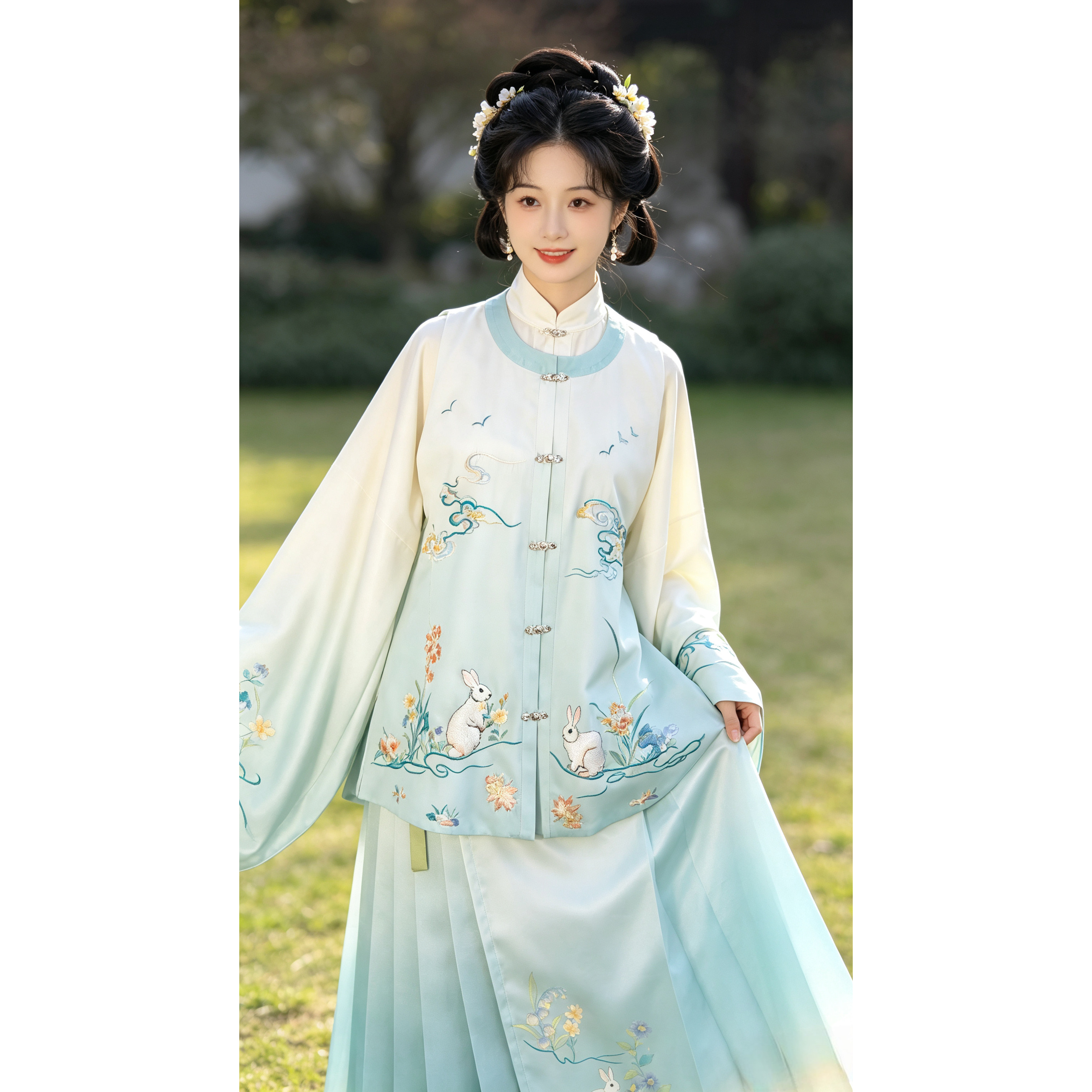 佳衣传统国风原创汉服套装花卉刺绣系带宽松显瘦渐变色古装淡雅