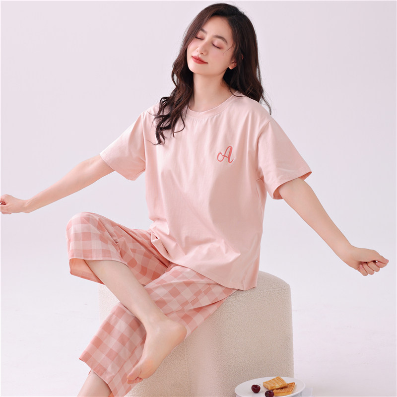 【凉感型】带胸垫睡衣女款夏纯棉短袖薄款七分裤夏季家居服加大码