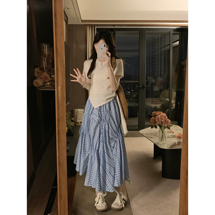 Y16683大码胖妹妹夏季新款系带短袖T恤不规则格子半身裙两件套女