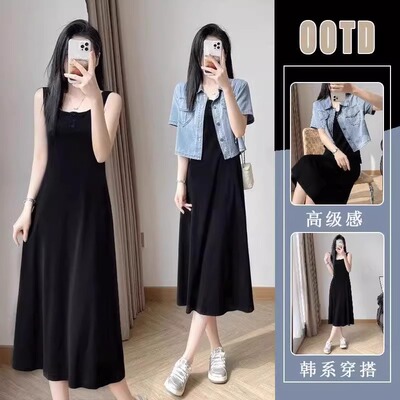 D99268吊带连衣裙大码女胖mm高级感遮肚子显瘦梨型身材穿搭套装