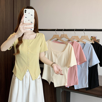 Y16158实拍大码正肩短袖t恤女夏季纽扣蕾丝拼接假两件显瘦上衣