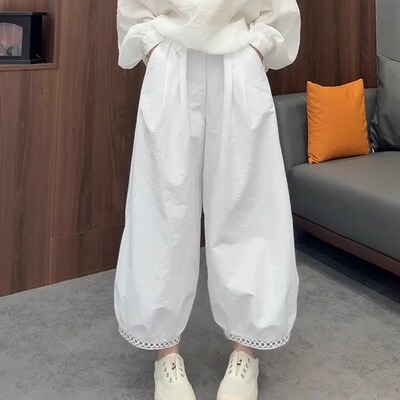 1-6581大码女装高腰夏季薄款灯笼休闲裤子九分裤百搭显瘦松紧腰