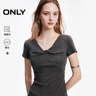 纯色舒适弹力正肩T恤上衣女 莱赛尔蝴蝶结V领修身 ONLY2026春季 新款