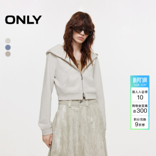 ONLY春季 正肩卫衣外套上衣女 酷感贴布连帽实用双向拉链短款