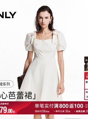 ONLY夏季复古蝴蝶结裙子白色高腰泡泡袖A字裙短裙连衣裙女