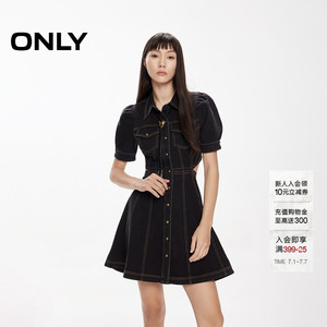 ONLY夏季辣妹风翻领短袖泡泡袖A字显瘦短款裙子牛仔连衣裙女
