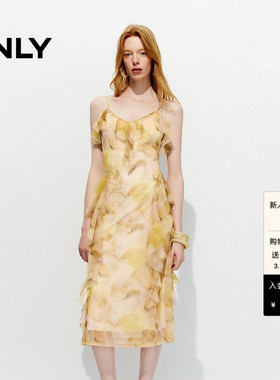 ONLY2026春季新款荷叶边V领设计可调节细肩带网纱不规则连衣裙女