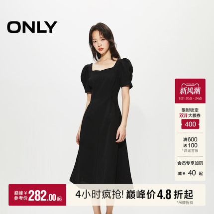 ONLY2026秋季新款裙子气质方领泡泡袖收腰法式白色黑色连衣裙女