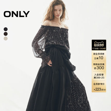 ONLY2026夏季新款优雅一字肩荷叶边收腰长袖腰果印花蕾丝衫上衣女