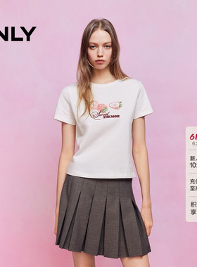 ONLY2026夏季新款纯棉上衣草莓印花贝壳锁边白色短款短袖T恤女