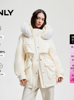 【鹅绒服】ONLY冬季时尚保暖连帽收腰工装白色狐狸毛领羽绒服女