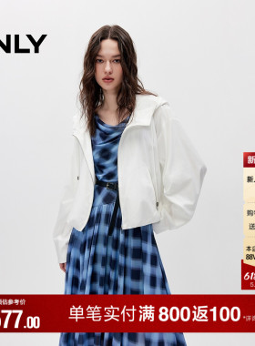 ONLY2026夏季新款休闲时髦高领连帽抽绳白色宽松廓形薄款外套女